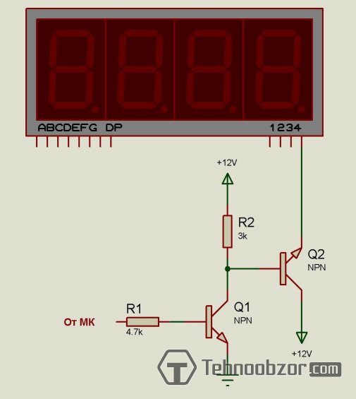 управление анодами индикаторов, применены транзисторные ключи