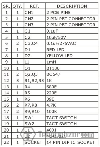 Кнопочный выключатель сети с гальванической развязкой - список деталей