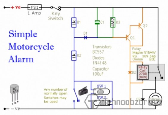 Схема самодельной сигнализации для скутера или мото