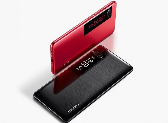 Красный и чёрный смартфон Meizu Pro 7 на белом фоне