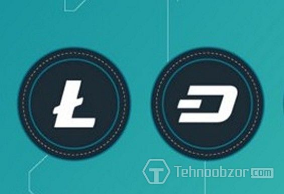 Черные эмблемы Litecoin и Dash