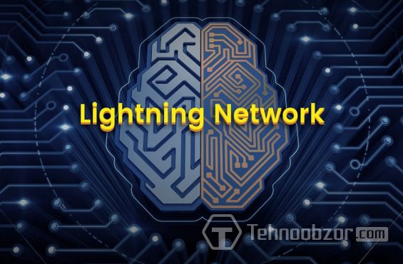 Надпись Lightning Network на фоне цифрового изображения мозга