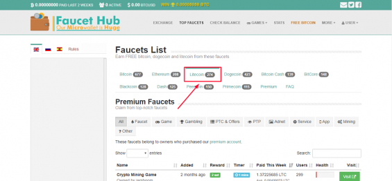 Кнопка на сайте Faucethub, открывающая краны для заработка Лайткоинов