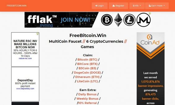 Главная страница крана Freebitcoin.win