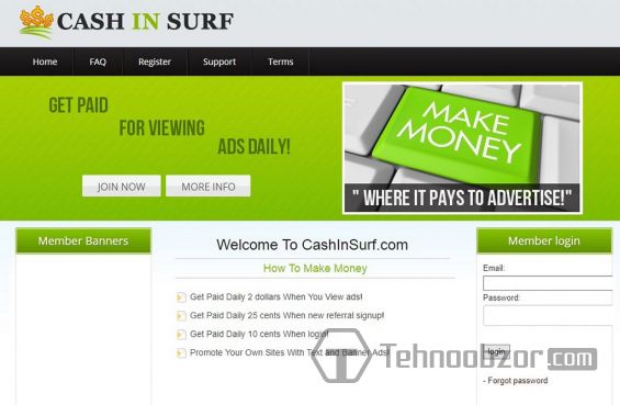 Интерфейс сайта cashinsurf.com