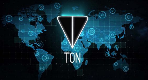 Эмблема блокчейна TON на фоне карты мира