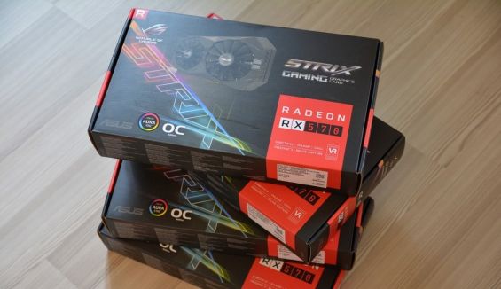 Четыре упаковки с видеокартами ASUS AMD Radeon RX 570
