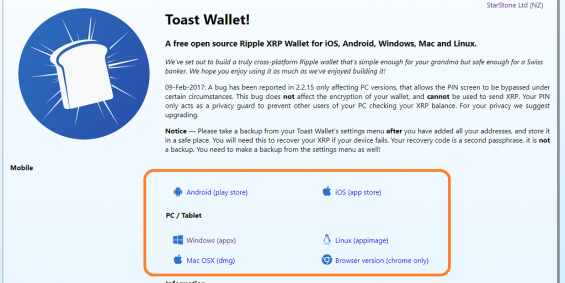 Интерфейс официального сайта Риппл-кошелька Toast