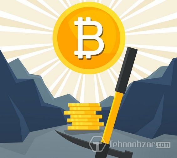 Большой значок Bitcoin и шахтерская кирка