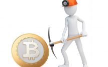 Рисунок шахтера с киркой и монета Bitcoin