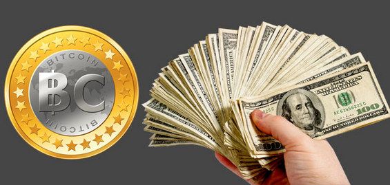 Значок криптовалюты Bitcoin и множество долларовых купюр