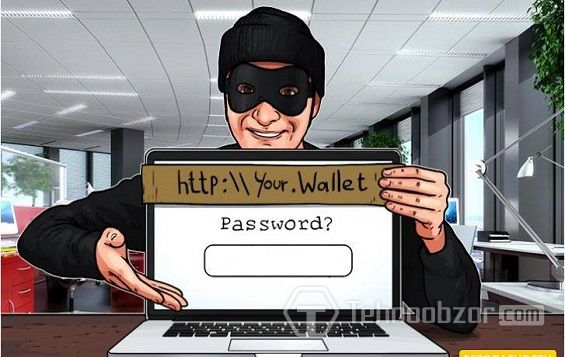 Мошенник с компьютером предлагает ввести пароль от кошелька Биткоин