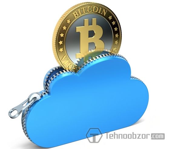 Монета Bitcoin в кошельке в виде облака