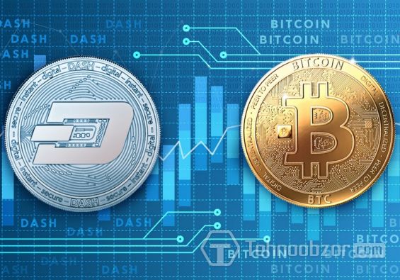 Монеты Dash и Bitcoin на фоне цифрового графика