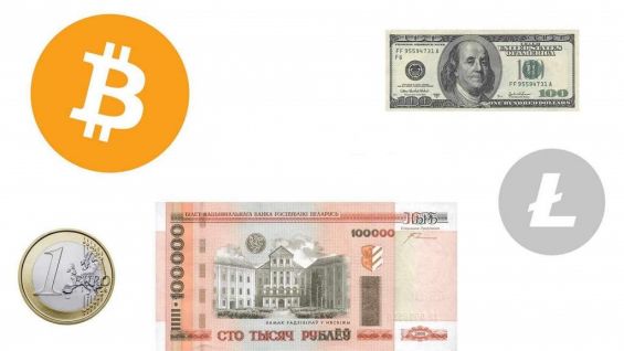 значок биткоина, лайткоина, долларовая банкнота, купюра белорусского рубля и монета номиналом 1 евро