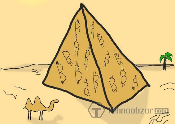 Рисунок пирамиды, покрытой значками Биткоина