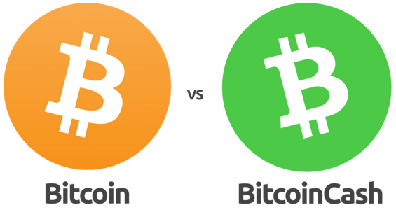 Значок Bitcoin напротив эмблемы Bitcoin Cash