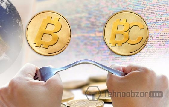 Монета Bitcoin и Bitcoin Cash на фоне компьютерного кода
