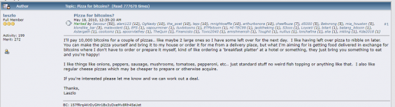 Сообщение на форуме с просьбой купить пиццу за Биткоины