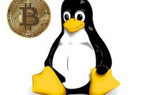 Эмблема операционной системы Linux и монета Биткоина