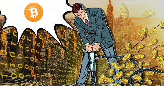 Рисунок мужчины, добывающего монеты Bitcoin
