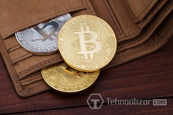 Монеты Bitcoin в кожаном кошельке