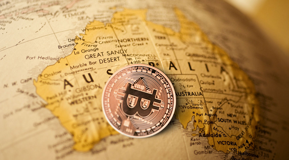 Монета Bitcoin на карте Австралии