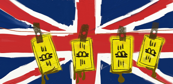 Bitcoin висит на фоне британского флага
