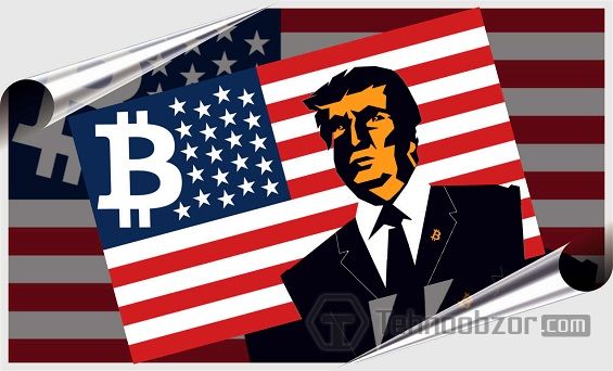 Флаг США, Трамп и логотип Bitcoin