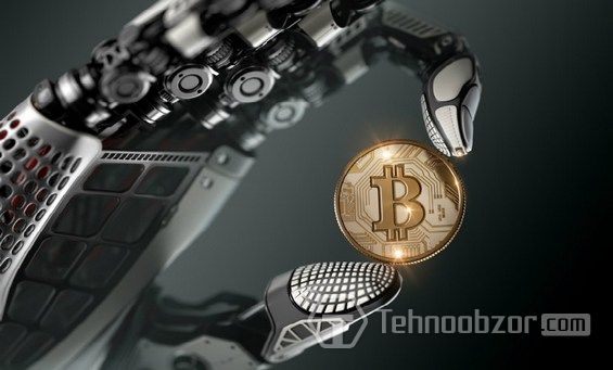 Монета Bitcoin в руке робота