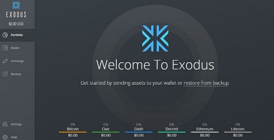 Интерфейс программного кошелька Exodus