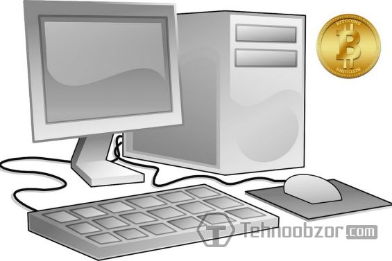 Рисунок персонального компьютера и монеты Биткоина