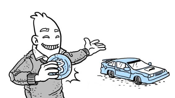 Рисунок человека, купившего автомобиль за Биткоины