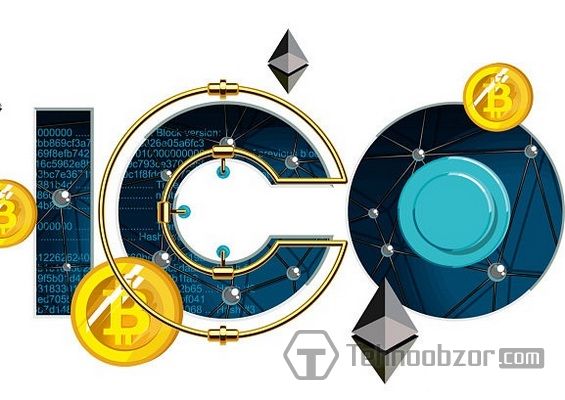 Надпись ICO и значки криптовалют