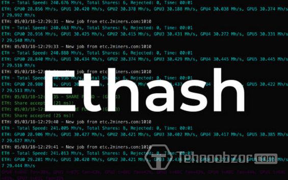 Надпись Ethash на фоне кода майнинга
