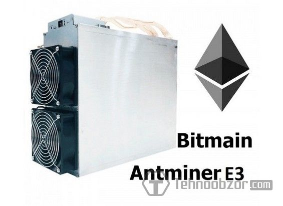 Асик Antminer Е3 и эмблема криптовалюты Ethereum