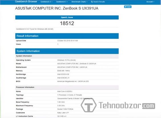 Результат тестирования ASUS Zenbook S в бенчмарке Geekbench Browser