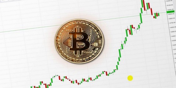 Монета Bitcoin над графиком