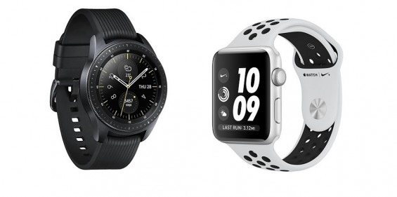 Часы Samsung Galaxy Watch и Apple Watch 3 на белом фоне