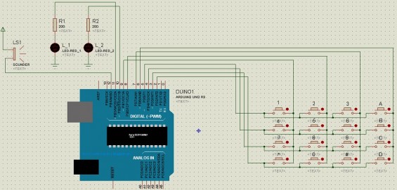 Смоделированная схема кодового замка на Arduino