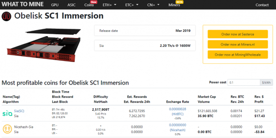Информация об Obelisk SC1 Immersion на WhatToMine