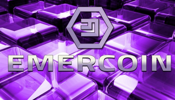 Эмблема Emercoin на фоне фиолетовых квадратов