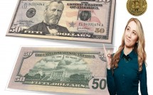 Девушка, монета Биткоина и банкноты в 50 долларов
