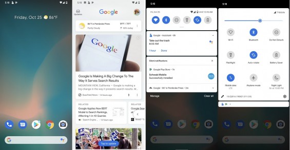 Главный экран, Google Feed, шторка уведомлений и быстрые настройки Google Pixel 4 XL