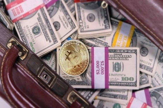Монета Bitcoin в сумке с долларами