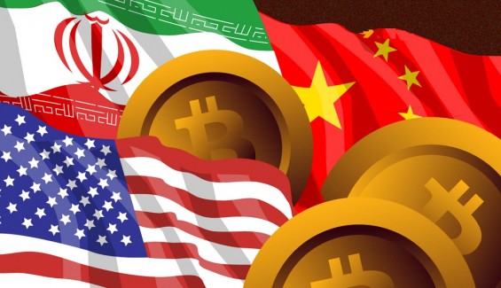 Флаги Ирана, Китая и США, а также монеты Биткоина