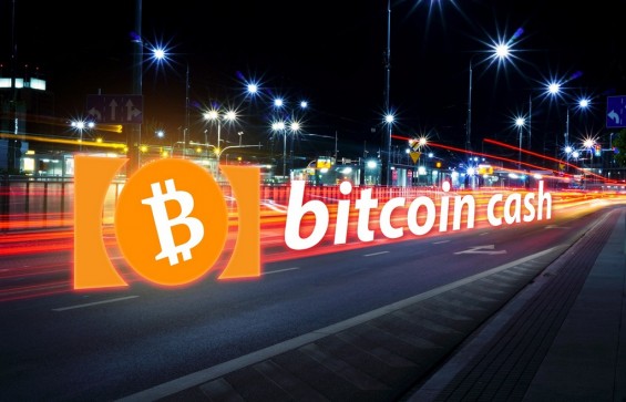 Эмблема Bitcoin Cash на фоне автомобильной дороги