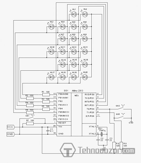 Принципиальная схема двоичных LED часов