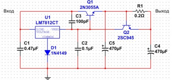 Стабилизатор L7812 - схема повышения мощности