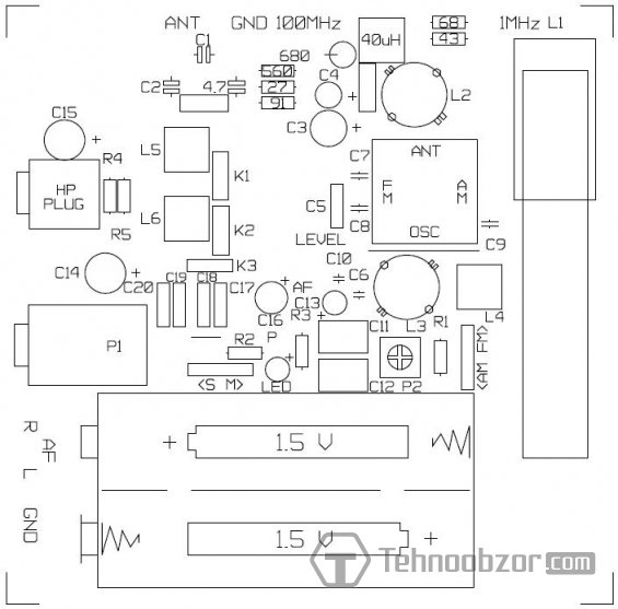 Расположение деталей на плате радиоприёмника